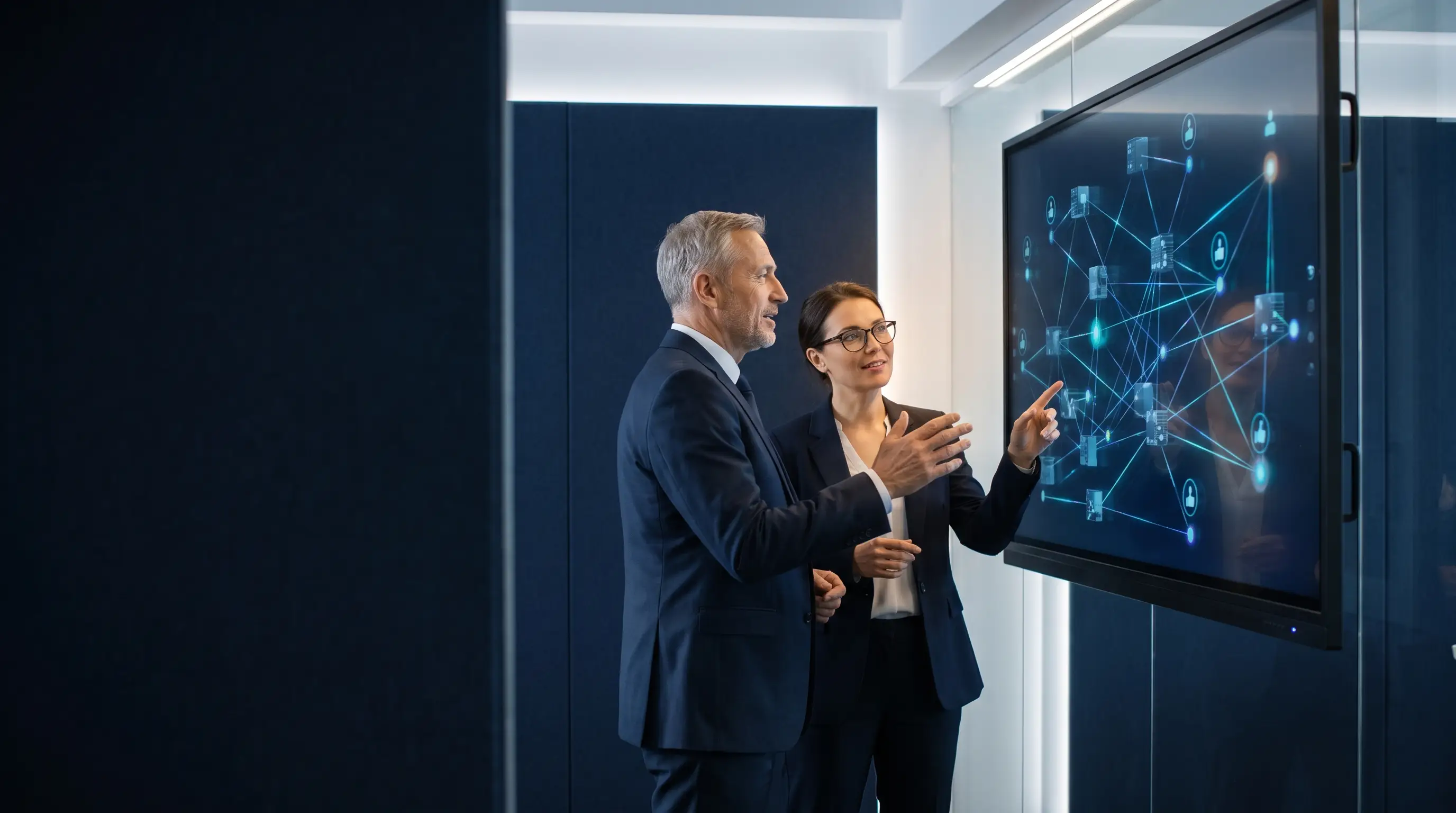 A business leader and an enterprise AI specialist reviewing a governed AI knowledge graph with human-approval points on a large display.