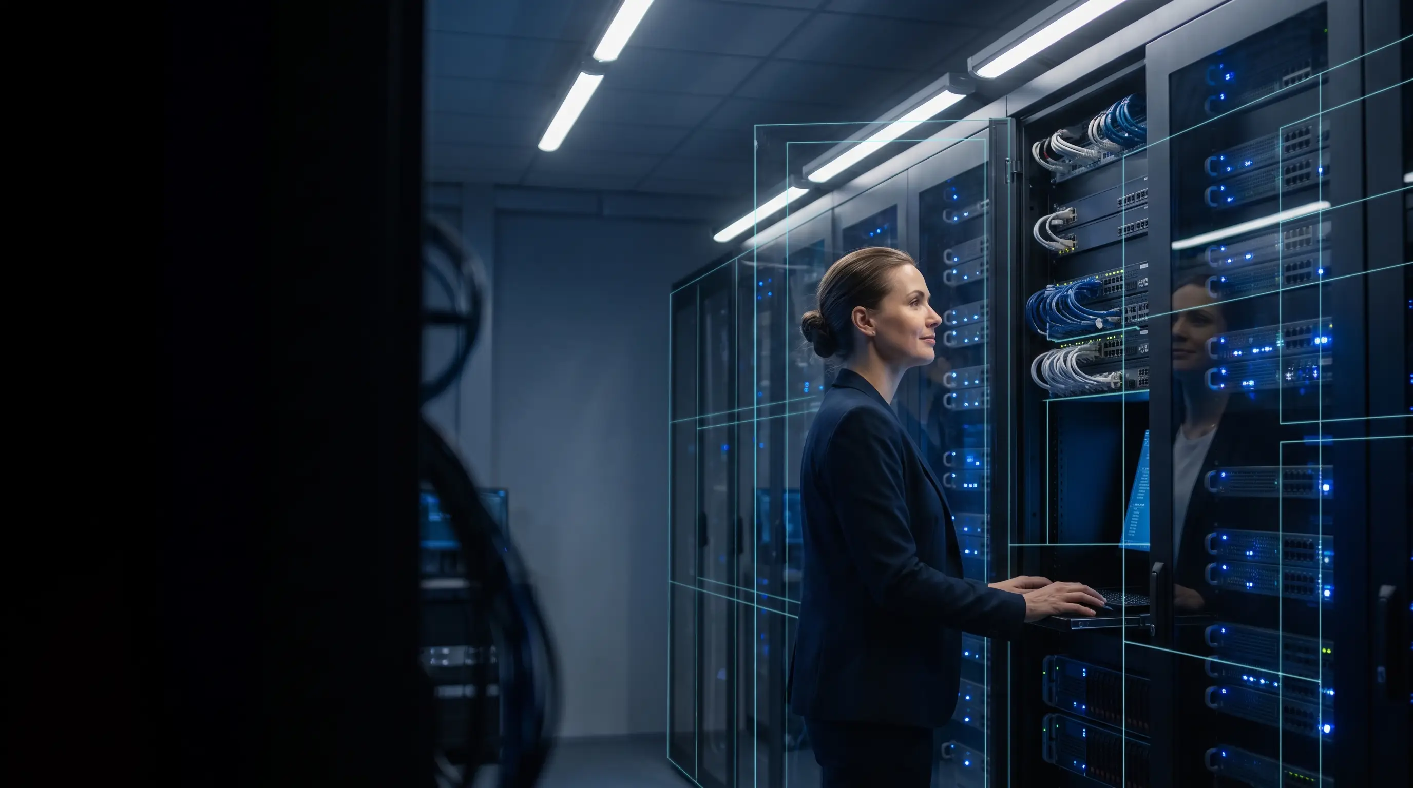 A private-cloud platform security architect beside server infrastructure wrapped in transparent workload-isolation and micro-segmentation boundaries.