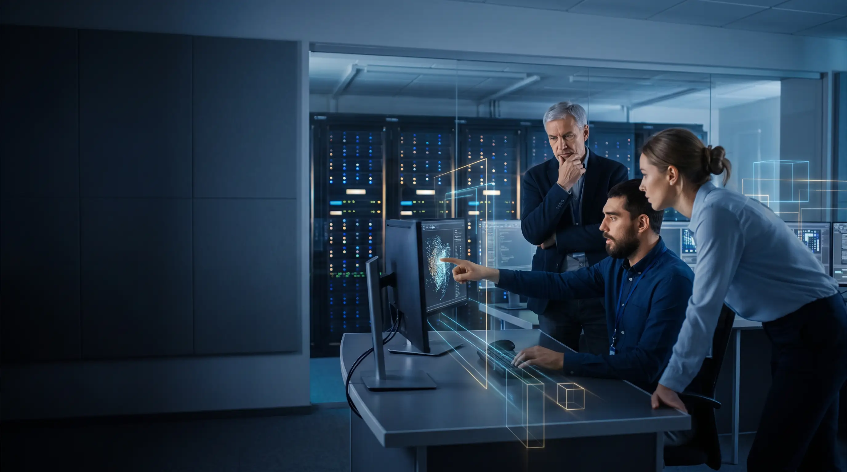 Infrastructure engineers modernizing a private cloud in a technical operations room, with modular workload graphics migrating into open cloud layers.
