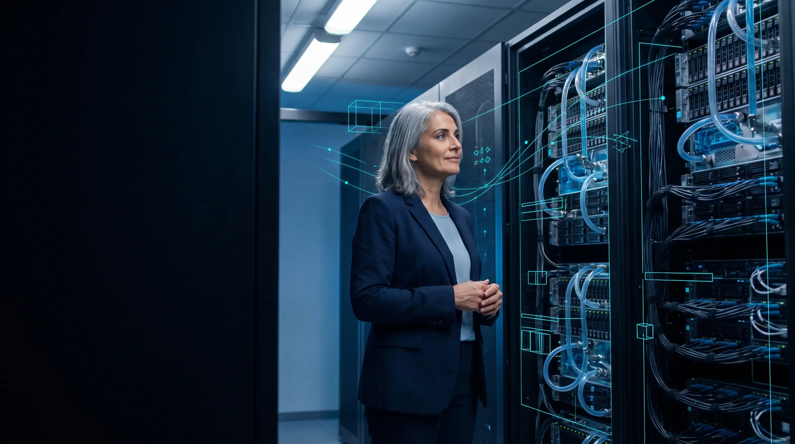 A senior enterprise infrastructure architect inside a sovereign AI data centre, with abstract compute-cluster graphics tracked around the racks.
